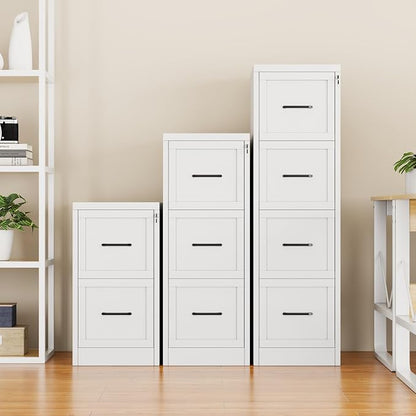 Small Metal 4-Drawer File Cabinet, Under-Desk Filing Cabinet, White | Locking, Adjustable Hanging Rail, Fit A4, FC, Letter, Hanging File Folders for Home Office Storage Organization, 1PS