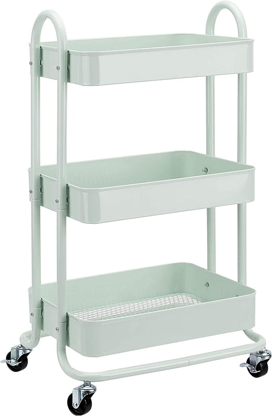 Amazon Basics 3-Tier Metal Rolling Utility Cart, Storage Organizer, Multi-Functional Kitchen Island Cart, Portable Shelving Unit with Caster Wheels, Mint Green