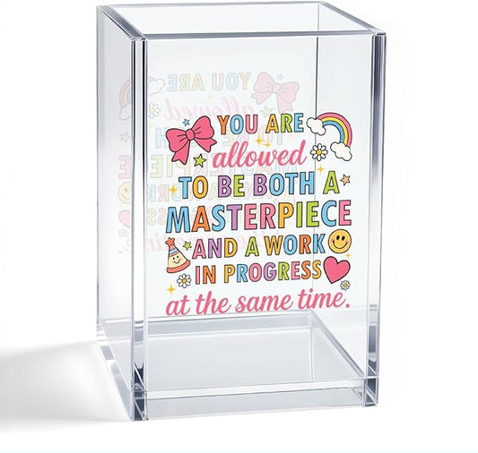 You Are Allowed To Be A Masterpiece Acrylic Pen Holder, Inspirational Gifts for Women Daughter Sister, Self Love Desk Organizer for Friend Student Teacher, Office School Encouragement Decor