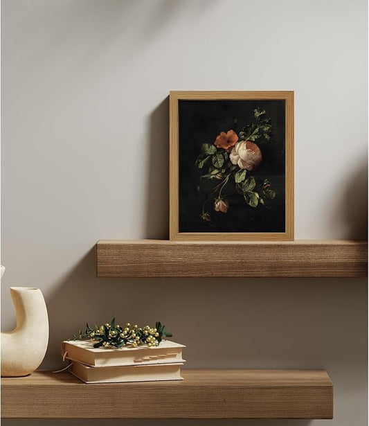 CXQILVER Framed Vintage Dark Floral Wall Art, Botanical Rose Canvas Print, Antique Still Life Flower Painting Rustic Dark Academia Wall Decor, Classical Floral Artwork for Bedroom Living Room 8x10in