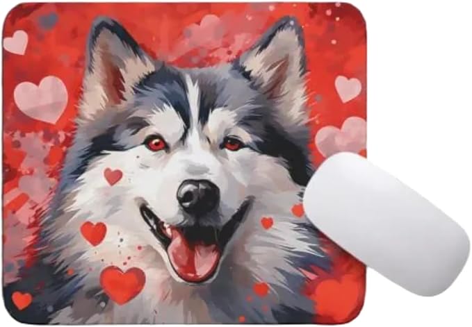 Alaskan Malamute Mouse Pad Dog with Red Hearts Pattern Non-Slip Rubber Mouse Pad Puppy in Love Mouse Pad for Home Office Work Desk Computer Desktop Laptop for Dog Lovers