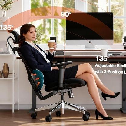 Jacia House Black Ergonomic Mesh Home Office Chair, Big & Tall Gaming Chair - High-Adjustable Lumbar Support, 4D Armrests, 2D Headrest, 90°~135° Tilting with Lock, Swivel Desk Chairs 600lb Capacity