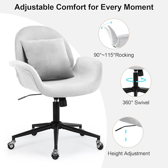 Velvet Desk Chair Modern Home Office Chair with Adjustable Height Swivel Rolling Executive Computer with Pillow Grey Armchair for Vanity, Bedroom,Small Space(Gray)