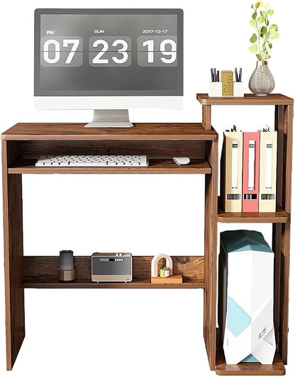 35" Compact Computer Desk with 3-Tier Storage Shelves & Keyboard Tray – Small Study Table for Bedroom or Home Office (Brown)