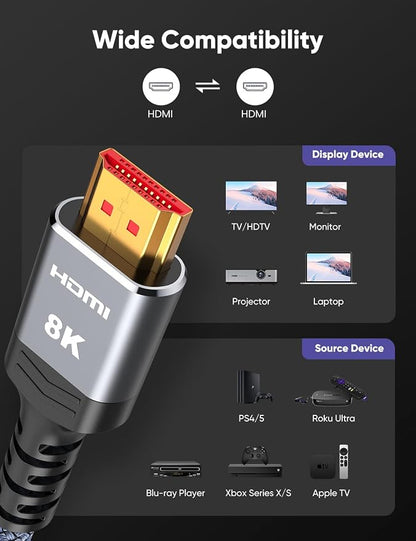 Highwings 8K HDMI Cable 2.1 8FT/2.5M 2-Pack, 48Gbps High Speed HDMI Cord-Nylon Braided 8K60Hz 4K120Hz 4K144Hz 3D eARC HDR10 4:4:4 HDCP 2.2&2.3 QMS DSC VRR, Compatible for Laptop, Monitor, Roku TV,HDTV