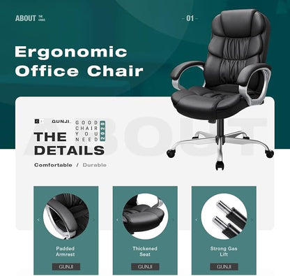 GUNJI Office Chair PU Leather High Back Executive Chair Ergonomic Computer Chair, Modern Adjustable Home Desk Chair Swivel Managerial Chair with Padded Armrests and Lumbar Support (Black)