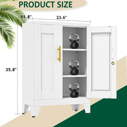 winiowa Tall Metal Storage Cabinet with Lock, Locking File Cabinet with 2 Doors and 2 Adjustable Shelves, White Lockable Organizer for Home Office Garage（23.6" W）