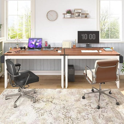 EnHomee 40 Inch Small Desk with Storage Bag Detachable, Writing Desk with Power Outlet, Modern Simple Home Vanity Desk for Small Spaces, Study Desk for Bedroom, Brown & White