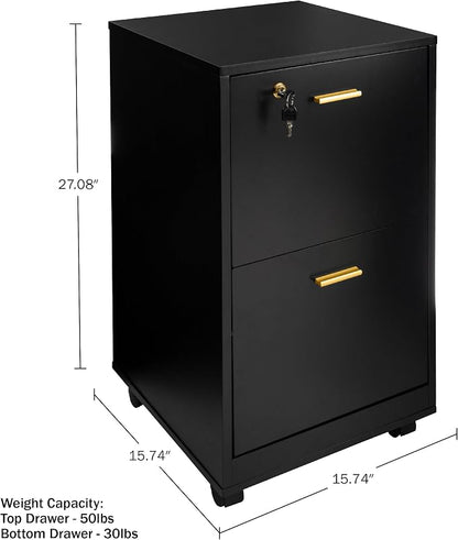 Lavish Home 2 Drawer File Cabinet - Filing Cabinet with Lock - Rolling File Cabinet for Under Desk Storage - Wood Filing Cabinet for Home or Office Organization (Black)