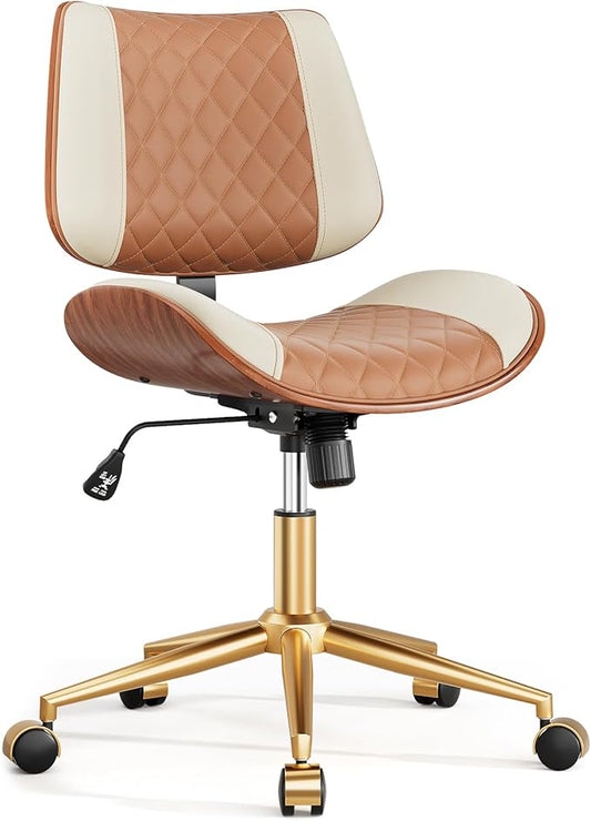 Home Office Desk Chair with Swivel Wheels, Modern PU Leather Armless Office Chair, Small Mid Back Computer Chair for Home Office, Reading Meeting Room (Brown and Beige, Gold Wheels)