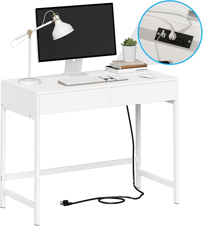 Treocho Computer Desk with USB Charging Ports and Power Outlets, Modern Simple 40 inch White Desk with 2 Drawers, Vanity Desk, Makeup Table for Home Office, Bedroom