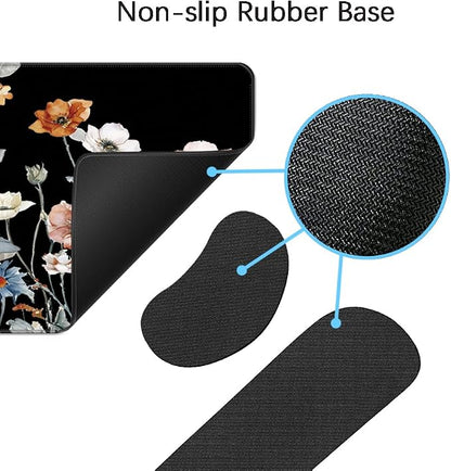 MIBITRI Keyboard Mouse Pad Set, Extended Gaming Mouse Pad+Ergonomics Keyboard Wrist Rest Support, Memory Foam, Easy Typing Pain Relief, 4Pcs XXL Ultra Thick Desk Mat, Flower Black