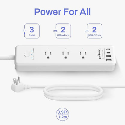 BN-LINK Remote Control Power Strip with 3 Independent Outlets，4 USBs (incl. 20W USB-C), 3.9Ft Extension Cord, 15A/1875W Overload Protection, Wall Mount, for Home, Office, ETL Listed, 1200J