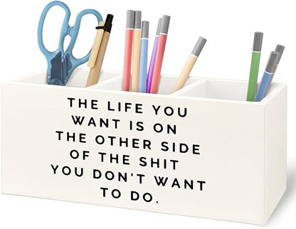 Inspirational Gifts Wooden Pen Pencil Holder for Office Desk Accessories, Motivational Gifts for Women, Inspirational Quote Makeup Brush Toothbrush Holder Organizer