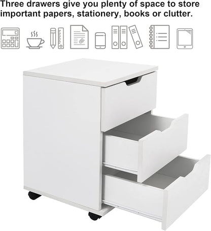 Farini 3-Drawer Vertical Filing Cabinet Rolling Wood Mobile File Cabinets Under Desk for Home Office with Casters，White,Fully-Assembled