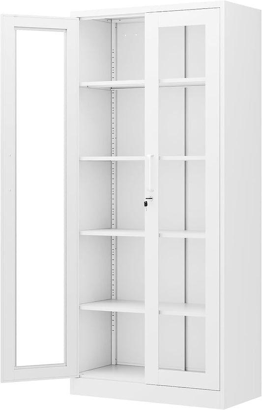 PEUKC Display Cabinet with Glass Doors, 71 Inches Metal Display Case with 4 Adjustable Shelves, Curio Storage Cabinet with Lock for Home, Office, Book, Pantry, Assemble Required (White)