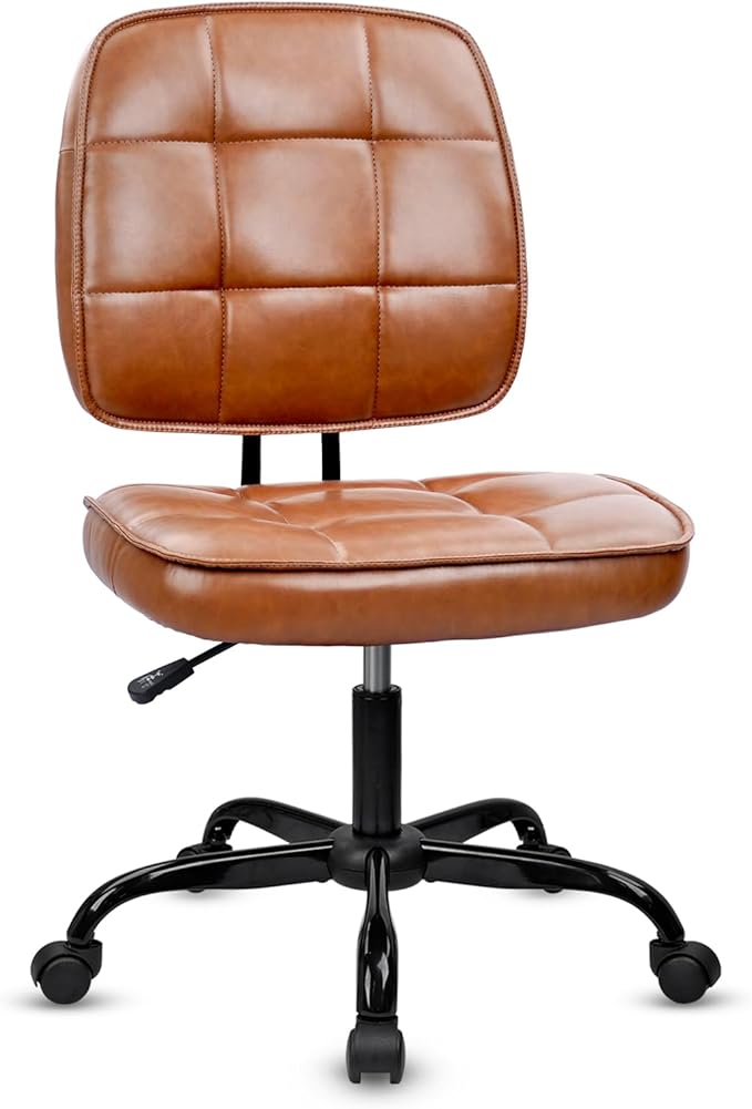 CLATINA Home Office Chair No Arms with Wheels, Armless Small Leather Ergonomic Low Back Desk Chairs Adjustable Height 360° Swivel Rolling Computer Task Chair for Work Reading Conference Room, Brown