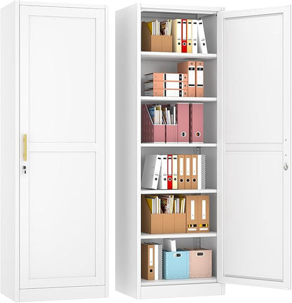 pozdeg 67" Metal Storage Cabinet with Lock, Tall Narrow Office File Cabinets with 5 Adjustable Shelves, Metal Steel Locker for Home, School, Office, Garage or Gym (White)