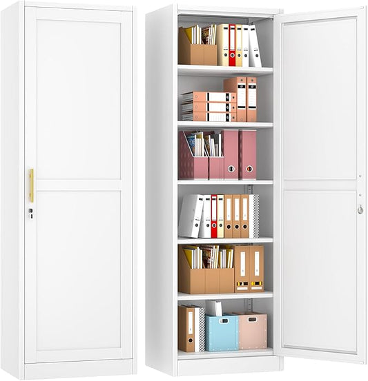 pozdeg 67" Metal Storage Cabinet with Lock, Tall Narrow Office File Cabinets with 5 Adjustable Shelves, Metal Steel Locker for Home, School, Office, Garage or Gym (White)