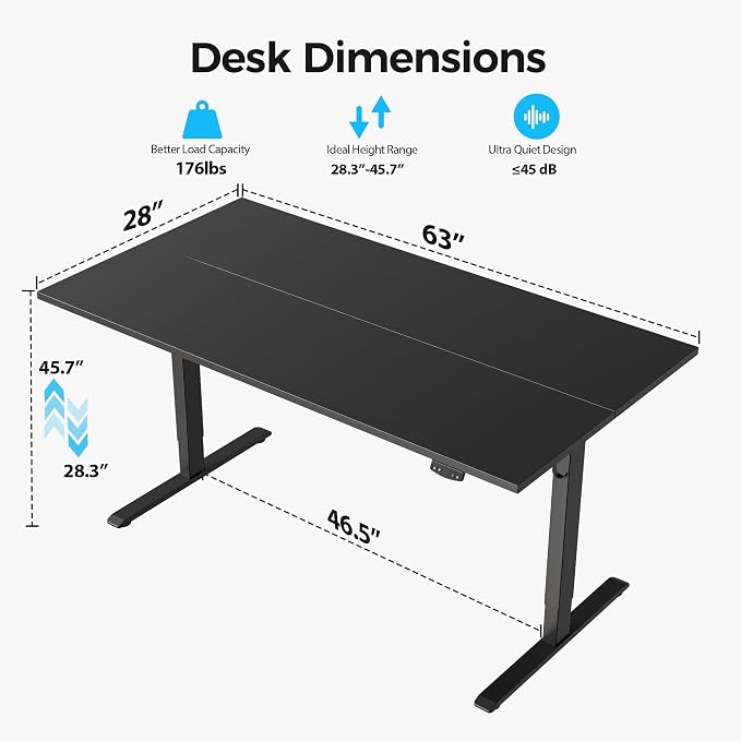 Agilestic Electric Standing Desk, 63 x 28 Inches Height Adjustable Desk, Sit Stand up for Work Office Home, Ergonomic Rising Computer Table with Memory Preset, Black