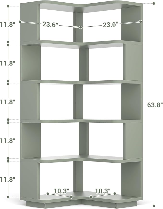 Armocity Corner Book Shelf - 6 Tier Corner Bookshelf Etagere Bookcase with Baffle, Freestanding L Shaped Display Shelf Stand for Home Office, Living Room, Bedroom, Kitchen, Crab Green