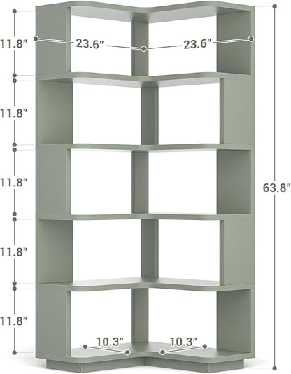 Armocity Corner Book Shelf - 6 Tier Corner Bookshelf Etagere Bookcase with Baffle, Freestanding L Shaped Display Shelf Stand for Home Office, Living Room, Bedroom, Kitchen, Crab Green