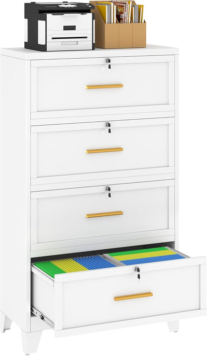 Metal Lateral File Cabinet with Lock,4 Drawer Steel Wide Filing Organization Storage Cabinets,Office Filing Cabinet for Legal/Letter/A4/F4 Size with Hanging Files&Key,Lockable Cabinets for Home Office