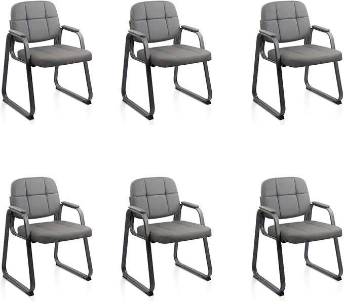 CLATINA Waiting Room Chairs with Padded Arms Leather Guest Chair no Wheels for Office Reception and Conference Desk with Sled Base Grey, 6PK