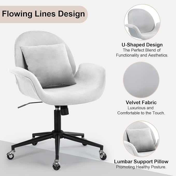 Velvet Desk Chair Modern Home Office Chair with Adjustable Height Swivel Rolling Executive Computer with Pillow Grey Armchair for Vanity, Bedroom,Small Space(Gray)