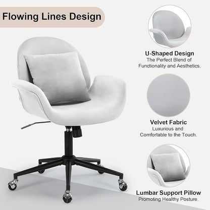 Velvet Desk Chair Modern Home Office Chair with Adjustable Height Swivel Rolling Executive Computer with Pillow Grey Armchair for Vanity, Bedroom,Small Space(Gray)
