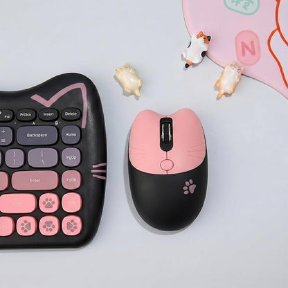 Cute Cat 2.4G USB Wireless Keyboard and Mouse Combo, Silent Keys, Candy Colors, Compatible with Notebook, PC (BlackPink-84Keys)