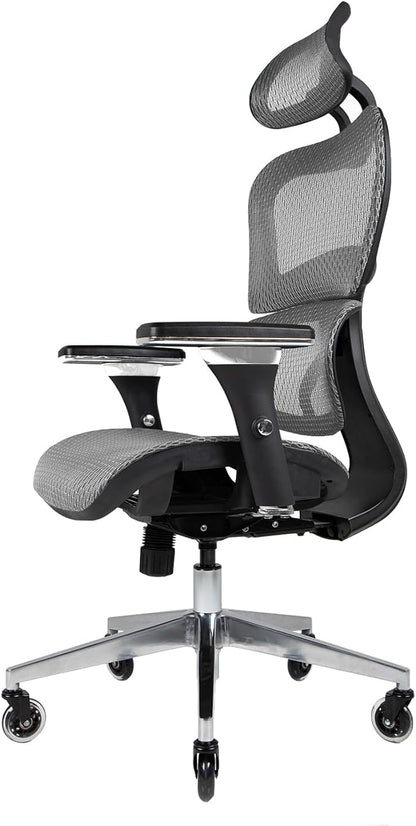 Nouhaus Ergo3D Ergonomic Office Chair Grey | Dynamic Lumbar Support, Mesh High Back, 4D Armrests, Adjustable Headrest, Aluminum Base, BIFMA, SGS, 2 Sets of Wheels