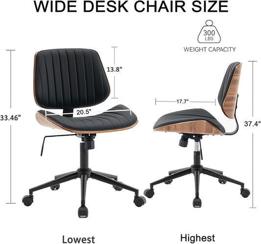 Modern Home Office Desk Chair with Wheels, PU Leather Swivel Computer Chair Armless Upholstered Cirss Cross Vanity Chair for Home Office, Meeting, Reading, Black