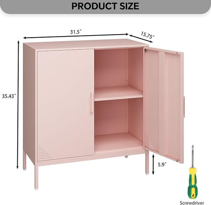 Steehoom Metal Storage Cabinet with 2 Doors, Steel Buffet Sideboard Entryway Locker Cabinet Kitchen Cupboard for Garage, Dining Room, Kitchen, Office, Bar (Pink, 31.5" D x 15.75" W x 35.43" H)