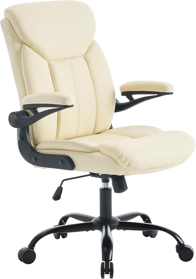 Home Office Ergonomic Desk Chair - Comfy Leather Executive Chair with Flip-Up Armrests, Height Adjustable Computer Chair for Gaming, 360° Swivel & Rocking (Beige)