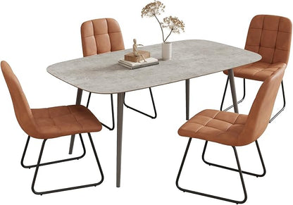 HIPIHOM 55.1'' Dining Table Set for 4,Modern Wood Dining Table,Leather Dining Chairs 4,Table and Chairs Set of 4,Ideal for Kitchen Dining Room (Gray Table + 4 U-Shaped Brown Chairs, 55.1")