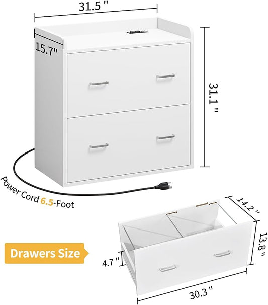 DWVO File Cabinet with Charging Station, 2 Drawer Lateral Filing Cabinet with Storage, Large Printer Stand for Home Office Living Room, Fits A4 Legal Letter Documents, White