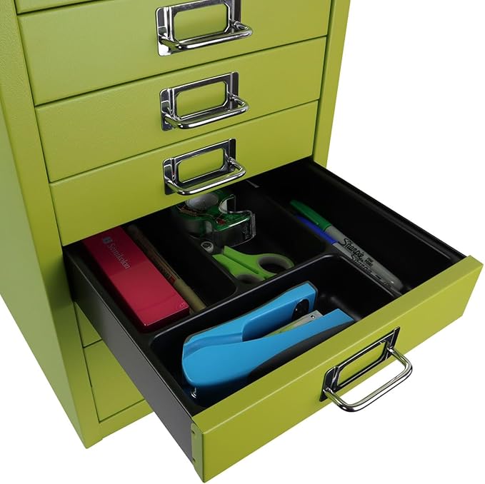 10-Drawer Steel MultiDrawer Cabinet - Green, by Bisley | Chrome Pull Handles with Label Holders, Powder-Coated Steel, Removable Drawers, Fits Under Most Desks, Labels Included