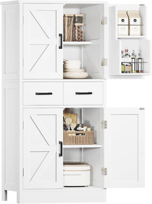 TEENFON Pantry Cabinet with 2 Drawers, Kitchen Storage Cabinet with 4 Door Shelves, Kitchen Pantry for Living Room, Dining Room, Bathroom, White