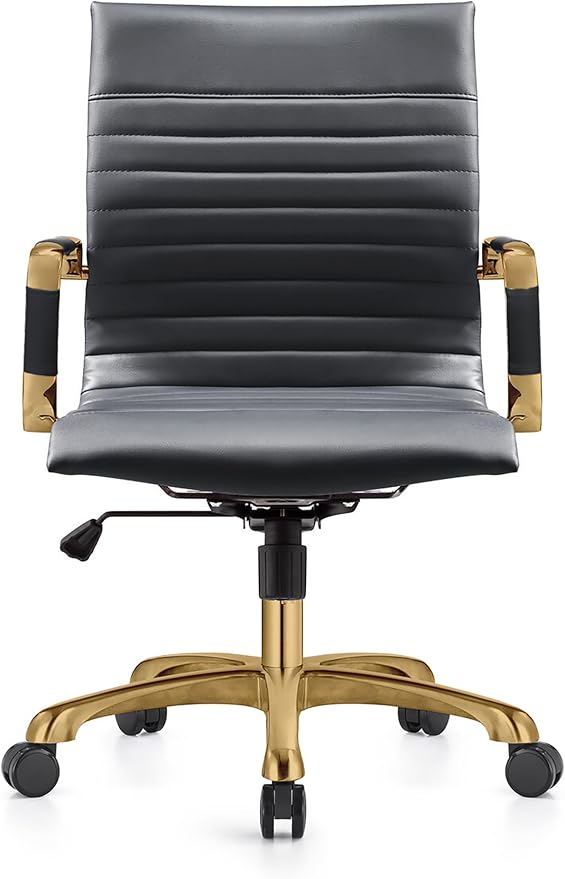 LeisureMod Harris Modern Ergonomic Executive Office Chair, High-Back Leather Conference Desk Chair with Adjustable Height, Tilt Control, 360° Swivel & Gold Frame for Home Office