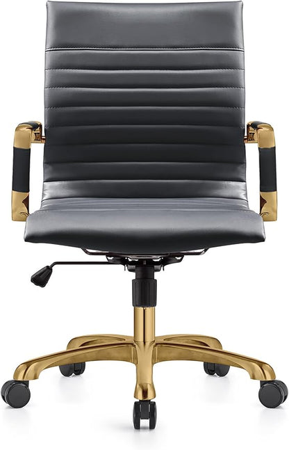 LeisureMod Harris Modern Ergonomic Executive Office Chair, High-Back Leather Conference Desk Chair with Adjustable Height, Tilt Control, 360° Swivel & Gold Frame for Home Office