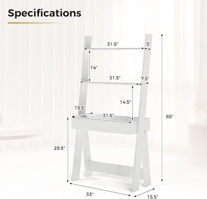 Tangkula Ladder Desk with Countertop & Drawer, Home Office Computer Laptop Table with Open Shelves & Anti-Tip Kits, Wall-Leaning Compact Working Station for Small Spaces (White)