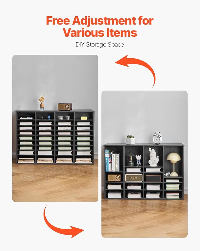 VEVOR Literature Organizer, 36 Compartments Office Mailbox with Adjustable Shelves, Wooden Mailbox Sorter Medium Density Fiberboard Office Home Classroom Storage for Files, Documents, Papers, Grey