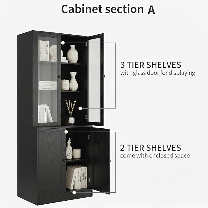 TUSY 71'' Bookshelf with Doors - 5 Tier Freestanding Tall Bookcase, Modern Storage Cabinet for Home Office, Curio Cabinets with Glass Door for Living Room, Bedroom (2, Black)