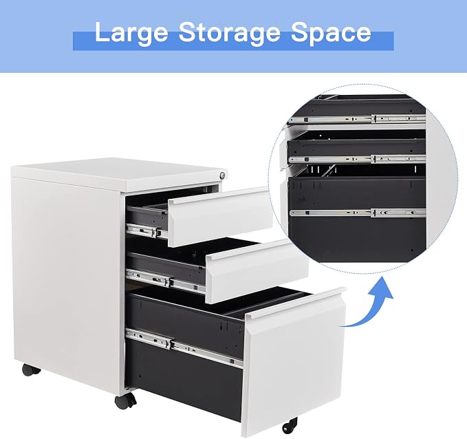 Yizosh 3 Drawer Mobile File Cabinet with Lock, White Under Desk Rolling Filing Cabinet, Metal Locking File Cabinet on Wheels for Legal/Letter/A4 File (Full Assemble)