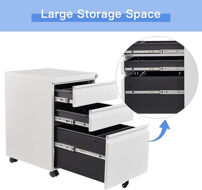 Yizosh 3 Drawer Mobile File Cabinet with Lock, White Under Desk Rolling Filing Cabinet, Metal Locking File Cabinet on Wheels for Legal/Letter/A4 File (Full Assemble)