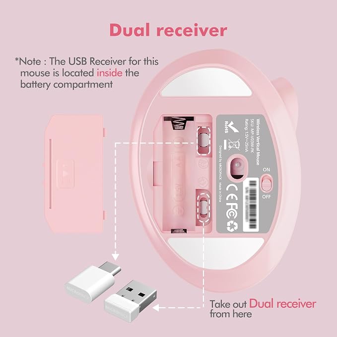 MicroPack Ergonomic Vertical Wireless Mouse, Silent Cordless Office Mouse with USB-A & Type-C Receiver, 800/1200/1600 DPI, 6 Buttons, Reduces Wrist Strain for Work, Windows, Mac, PC & Laptop Pink