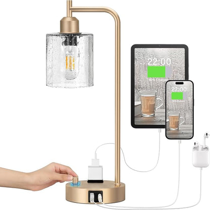 Innqoo Champagne Gold Industrial Bedside Table Lamp for Bedroom - Nightstand Lamps with USB C Charging Port, Fully Dimmable Black Ports and Outlets, Small Desk Glass Shade Office Living Room