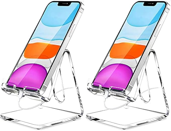 Crpich Acrylic Cell Phone Stand, Portable Phone Holder, Clear Phone Stand for Desk, Compatible with Phone16 15 14 13 12 Pro Max 11 Xr Plus SE, Switch, Android Smartphone, Pad, Desk Accessories, 2 Pack