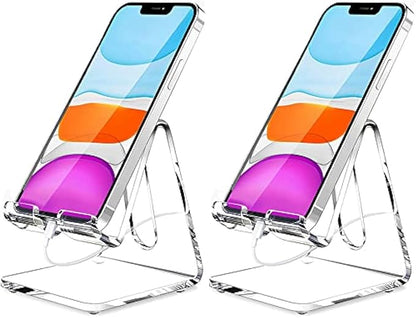 Crpich Acrylic Cell Phone Stand, Portable Phone Holder, Clear Phone Stand for Desk, Compatible with Phone16 15 14 13 12 Pro Max 11 Xr Plus SE, Switch, Android Smartphone, Pad, Desk Accessories, 2 Pack